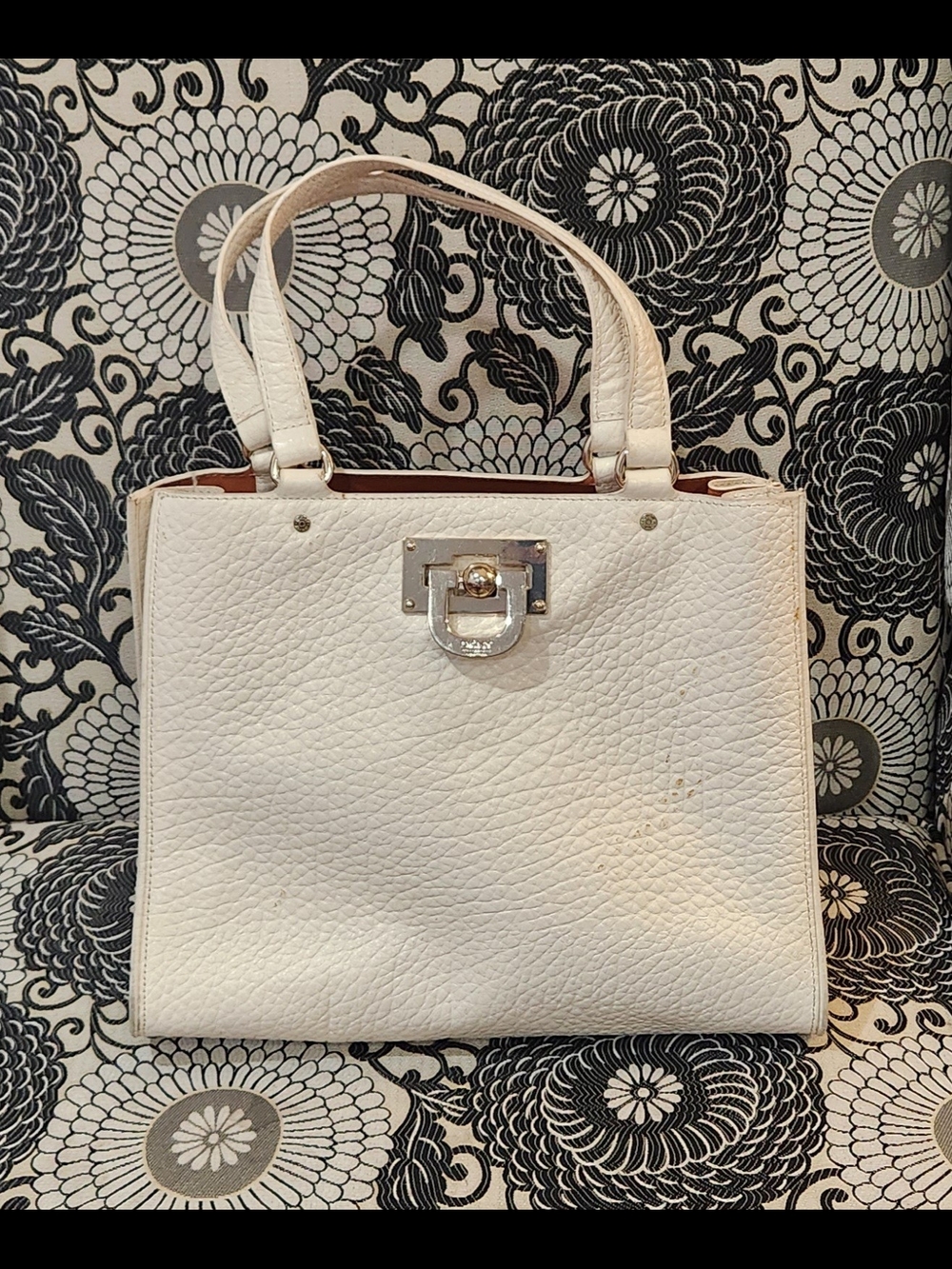 DKNY Ivory Leather Satchel Handbag with Silver Hardware